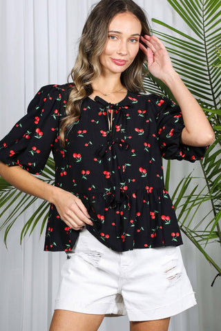Open Self Tie Front Cherry Printed Blouse