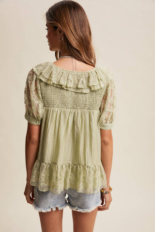 The Lace Trim Ruffle Peplum Blouse