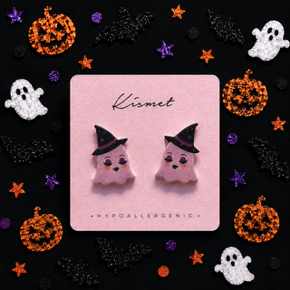 Blushing Lavender Witch Hat Ghost Stud Earrings