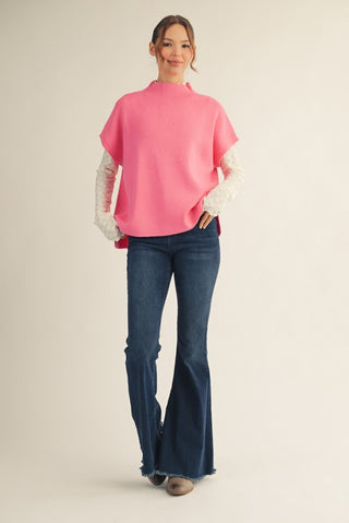 Brandi Bubblegum Mock Neck Short Sleeve Sweater