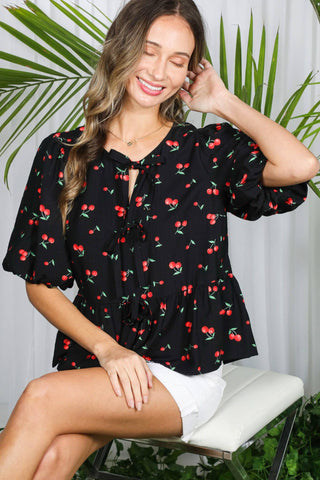 Open Self Tie Front Cherry Printed Blouse