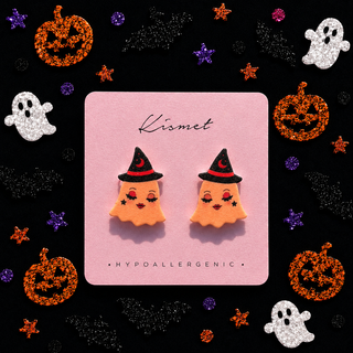 Blushing Soft Orange Ghost Witch Hat Stud Earrings