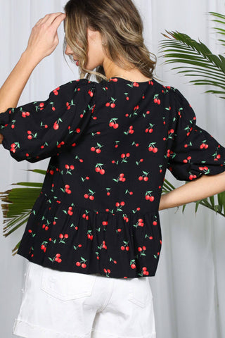 Open Self Tie Front Cherry Printed Blouse
