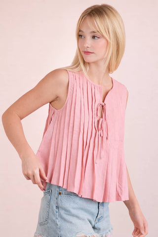 Pleated Woven Blouse Top with Front Tie