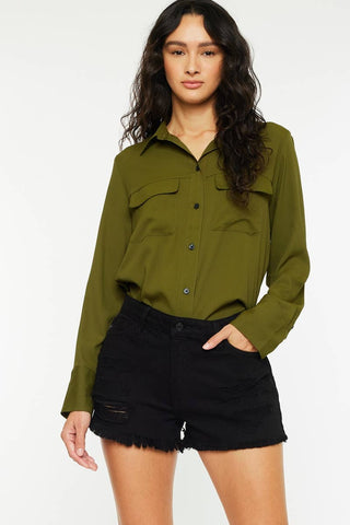 Kan Can HIGH RISE BLACK FRAY HEM DENIM SHORTS
