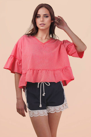Mineral Washed Ruffle Detail Knit Top