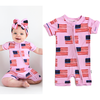 Gigi and Max - Pink Flag Shorty Zip Bamboo 4th of July Flag