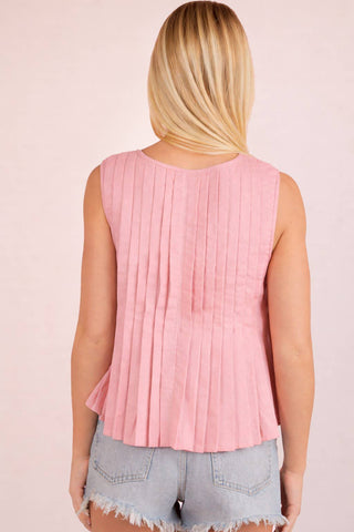 Pleated Woven Blouse Top with Front Tie