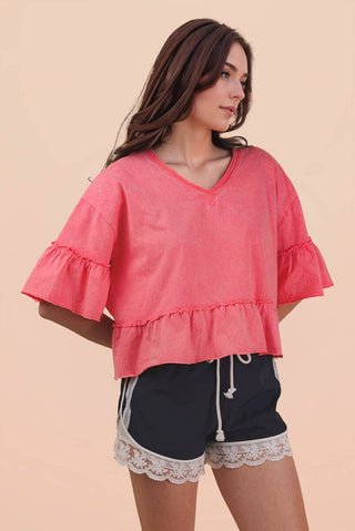 Mineral Washed Ruffle Detail Knit Top