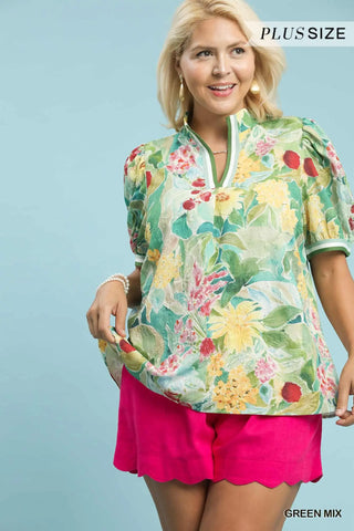 Plus- Jacquard Bloomscape Print Top