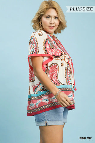 Plus- Mix Paisley Border Print Tassel Top