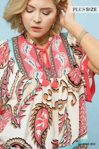 Plus- Mix Paisley Border Print Tassel Top