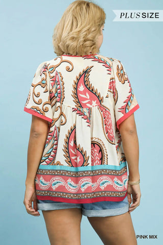 Plus- Mix Paisley Border Print Tassel Top