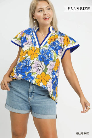 Plus- Floral Print Blouse with Contrast Trim