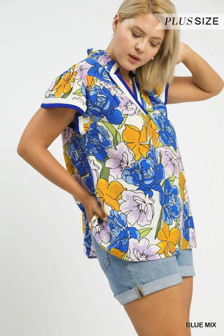 Plus- Floral Print Blouse with Contrast Trim