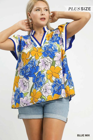 Plus- Floral Print Blouse with Contrast Trim