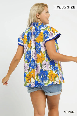 Plus- Floral Print Blouse with Contrast Trim