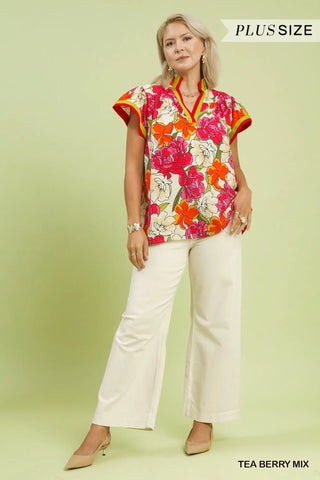 Plus- Floral Print Blouse with Contrast Trim