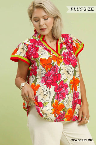 Plus- Floral Print Blouse with Contrast Trim