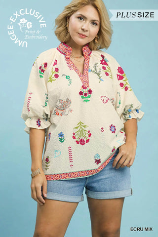 Plus- Floral Print V-Neck Smocked Collar