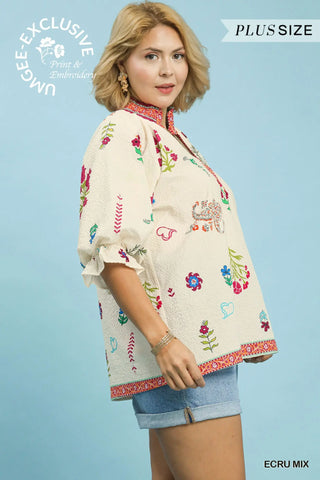 Plus- Floral Print V-Neck Smocked Collar
