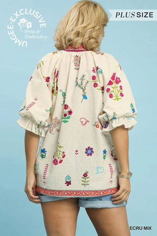 Plus- Floral Print V-Neck Smocked Collar
