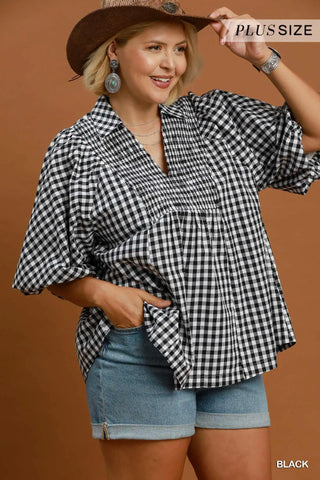 Gingham Smocked Yoke Puff Sleeve Blouse