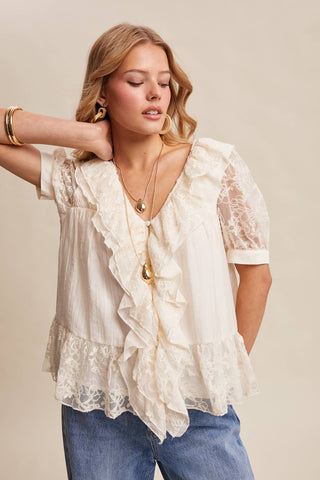 The Lace Trim Ruffle Peplum Blouse