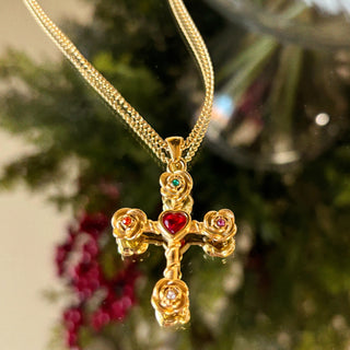 Dahlia Multi Color Rose Cross Necklace