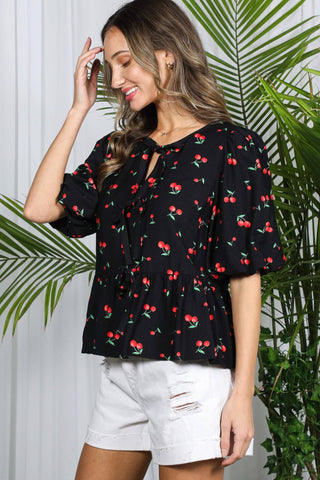 Open Self Tie Front Cherry Printed Blouse