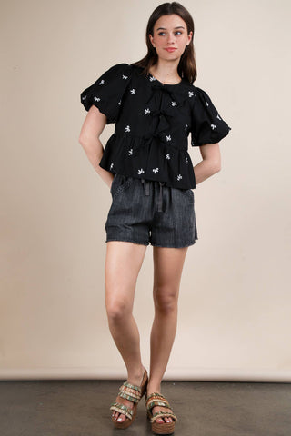 The Bella Front Tie Bow Embroidered Blouse Top