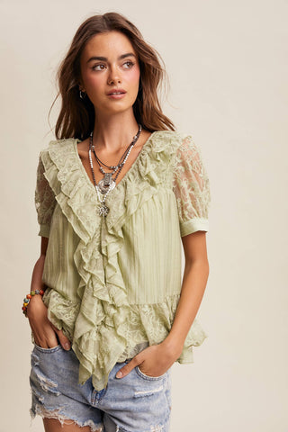 The Lace Trim Ruffle Peplum Blouse