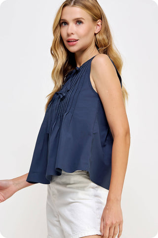 Pintuck Tie Detail Poplin Sleeveless Top