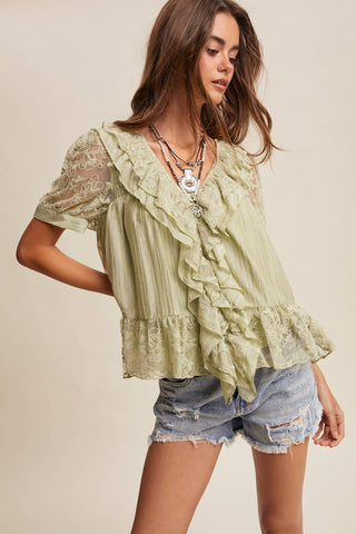 The Lace Trim Ruffle Peplum Blouse