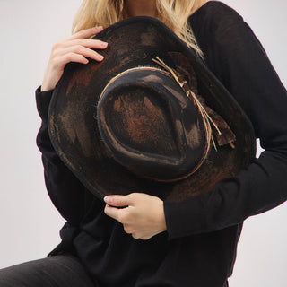 Distressed Fabric Band Feather Cowgirl Fedora Hat