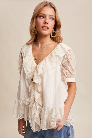 The Lace Trim Ruffle Peplum Blouse