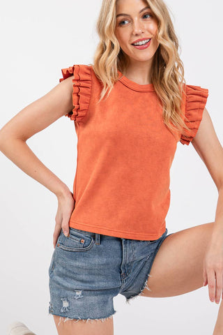 The Olivia-MINERAL WASHED RUFFLE SLEEVE TOP