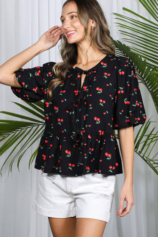 Open Self Tie Front Cherry Printed Blouse