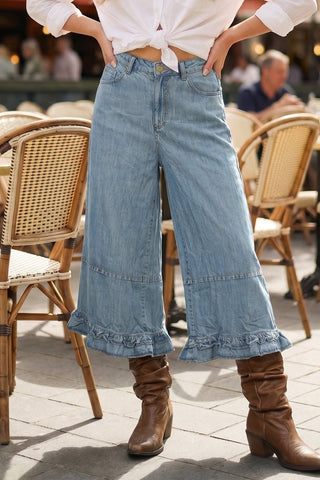 Flared Ruffle Hem Washed Chambray Crop Denim