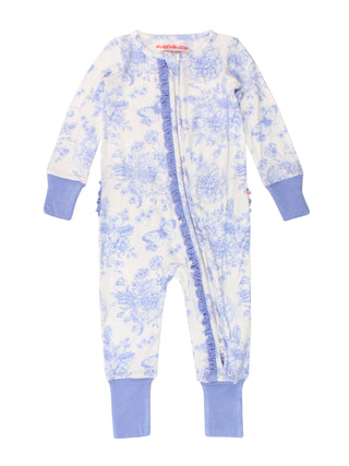 Periwinkle Blue Butterfly Garden Toile Bamboo Convertible Ruffle One Piece Pajama