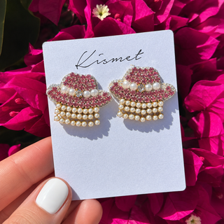 Showgirl Crystal Pearl Fringe Cowgirl Hat Hand Made Embellished  Beaded Fringe Stud Earrings