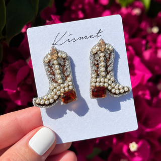 Lainey Pearl Cowgirl Boot Hand Made Embellished Beaded Stud Earrings