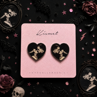 Spooky Couple Frankenstein and Bride of Frankenstein Vintage Heart Portrait Stud Earrings
