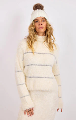 Ivory Silver Martini Metallic Stripe Turtleneck Sweater
