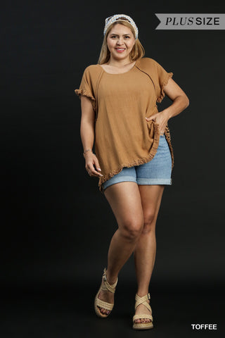 Short Ruffle Sleeve Round Neck Top with Animal Print Scoop Back