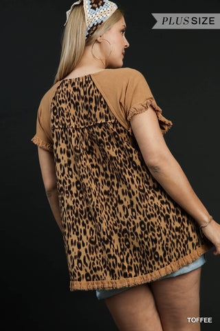 Short Ruffle Sleeve Round Neck Top with Animal Print Scoop Back