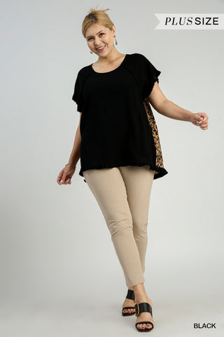 Short Ruffle Sleeve Round Neck Top with Animal Print Scoop Back