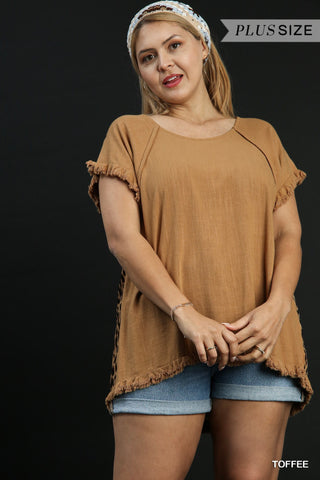 Short Ruffle Sleeve Round Neck Top with Animal Print Scoop Back