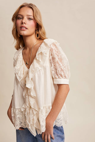 The Lace Trim Ruffle Peplum Blouse