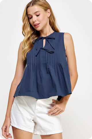 Pintuck Tie Detail Poplin Sleeveless Top